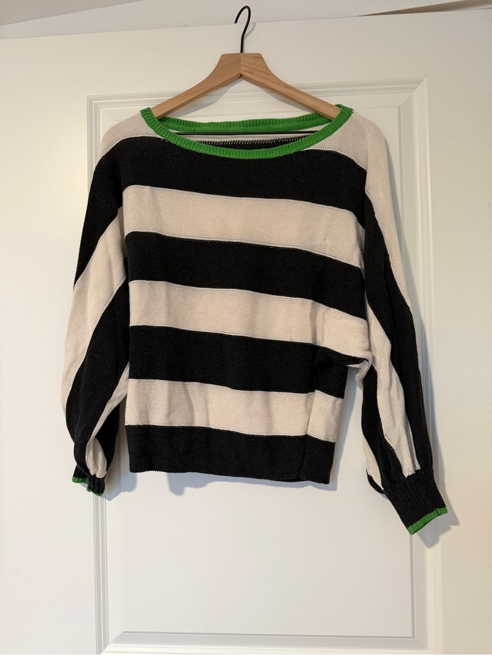 Maeve by Anthropologie Black and White Striped Women's Sweater with Green Trim